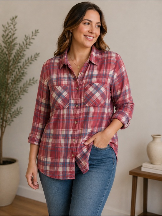 L.L. Bean Tops - L.L.Bean Pink Blue Plaid Button Front Shirt Medium 100% Cotton Casual Top